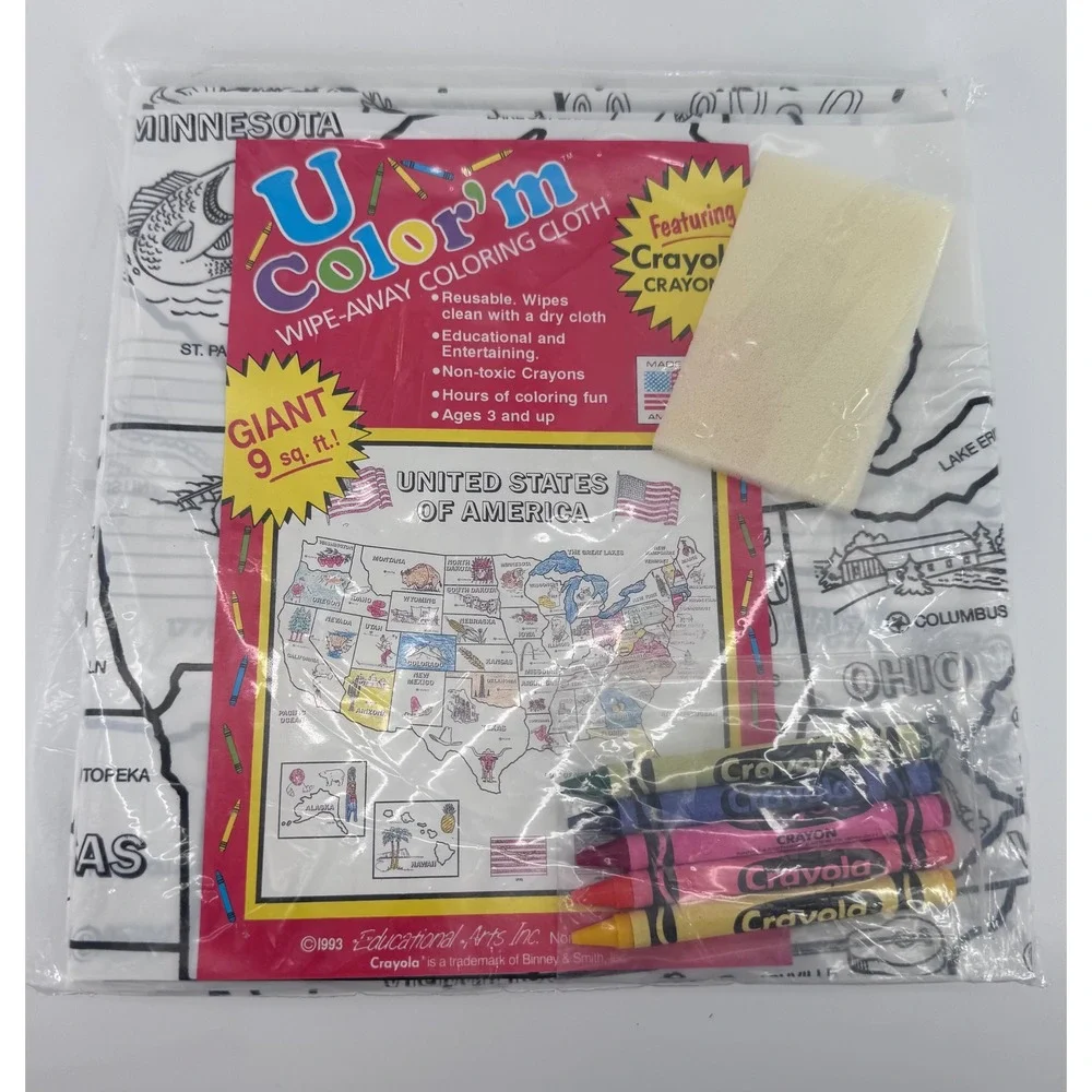 Educational Arts U Color'm Coloring Cloth Kids USA Map Crayons Vintage 1993 New